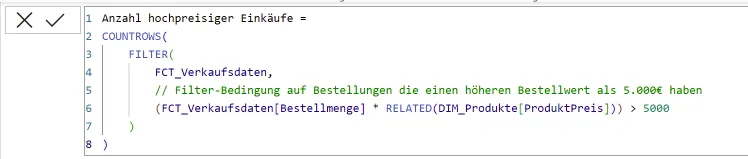 Power BI ZÄHLENWENN DAX Formel: Ergebnis für Verkäufe in Nord über 10000