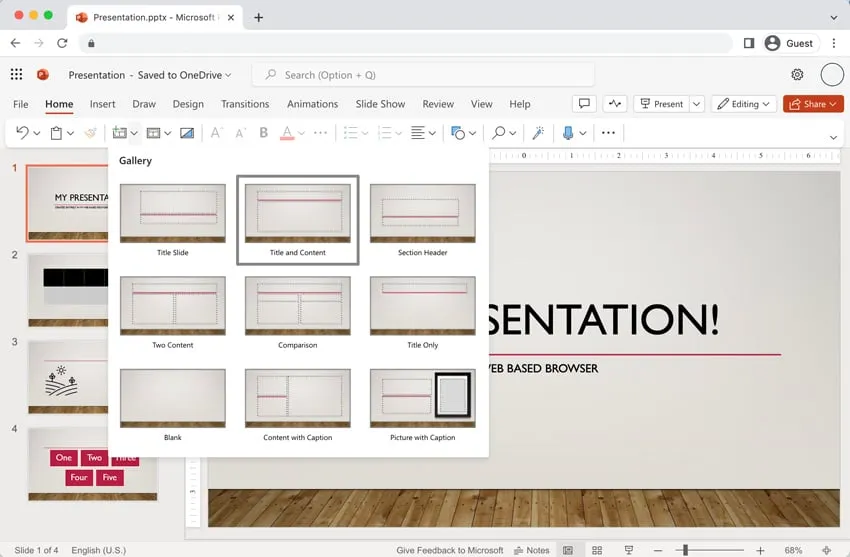 PowerPoint Online mit Optionen zum Erstellen neuer Folien aus vorgefertigten Layouts
