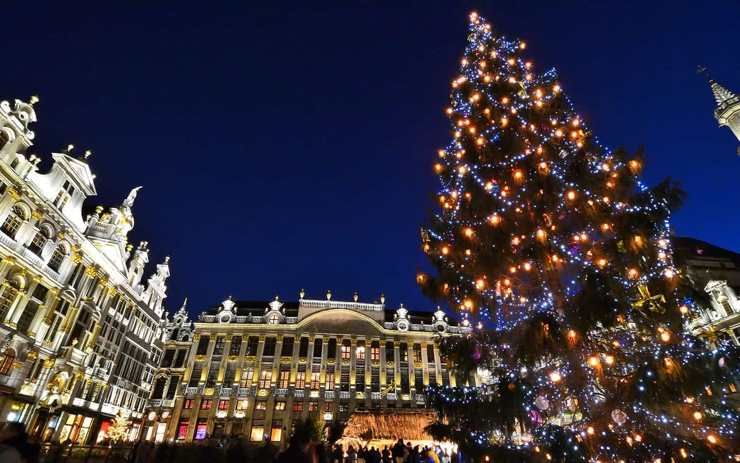 Prächtiger Weihnachtsbaum und festliche Beleuchtung am Grand Place in Brüssel, Belgien, zur Weihnachtszeit.