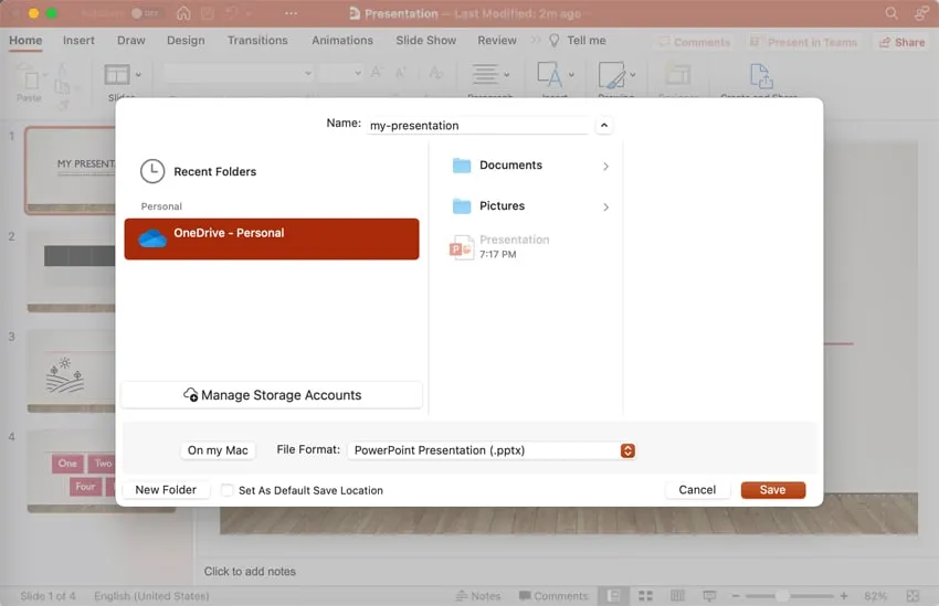 Präsentation auf OneDrive speichern, um geräteübergreifenden Zugriff zu ermöglichen