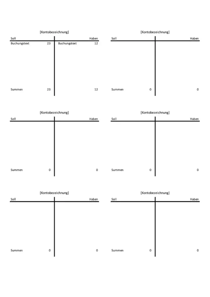 Professionelle Excel T-Konten Vorlage im 6er-Format zur effizienten Erfassung von Geschäftsvorfällen und zum Üben der doppelten Buchführung