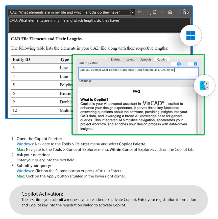 Punch!CAD™ Copilot Benutzeroberfläche: Direkte Tool-Hilfe integriert