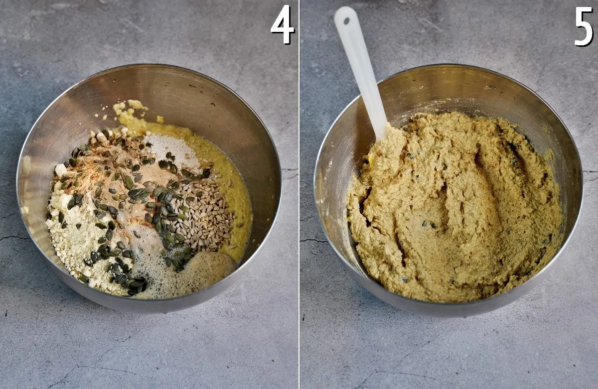 Pürierte Linsen, vermischt mit Mehl und Kernen in einer großen Schüssel, für den Linsenbrot-Teig.