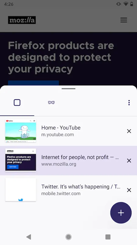 Quadratisches Symbol zum Wechseln zwischen privaten und regulären Tabs in Firefox