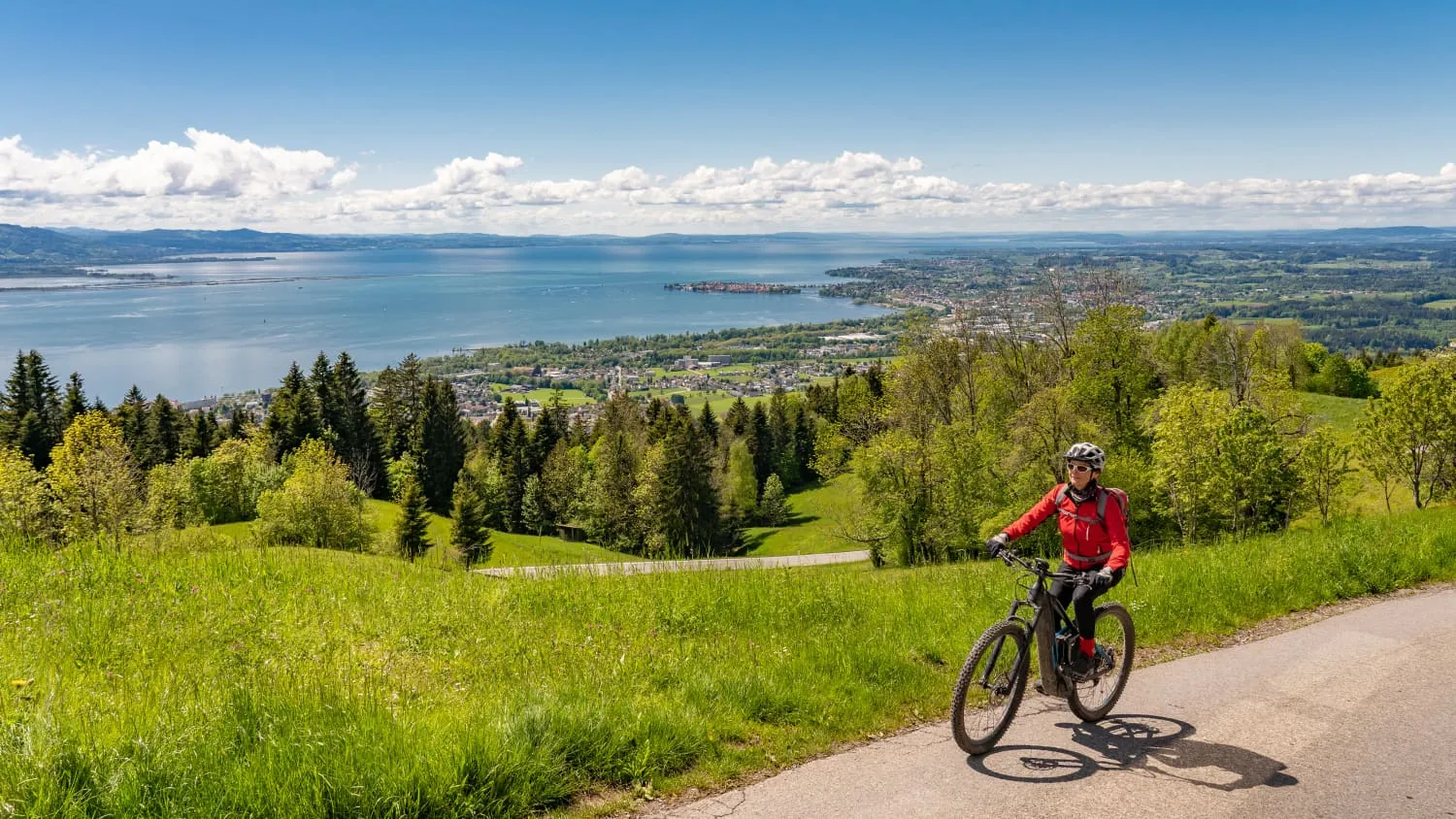 Radfahrerin auf dem Bodenseeradweg mit Blick auf den See