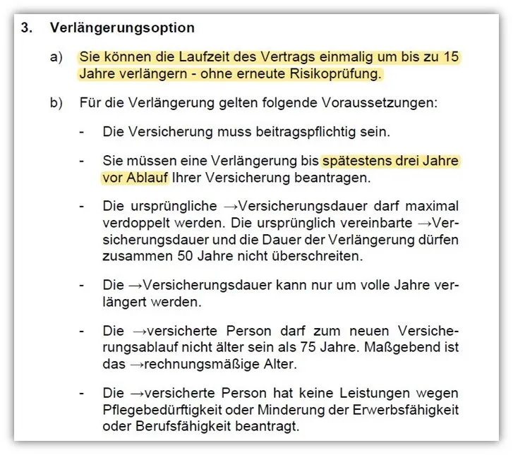 Regelungen zur Verlängerungsoption in den Versicherungsbedingungen der LV1871 Risikolebensversicherung.