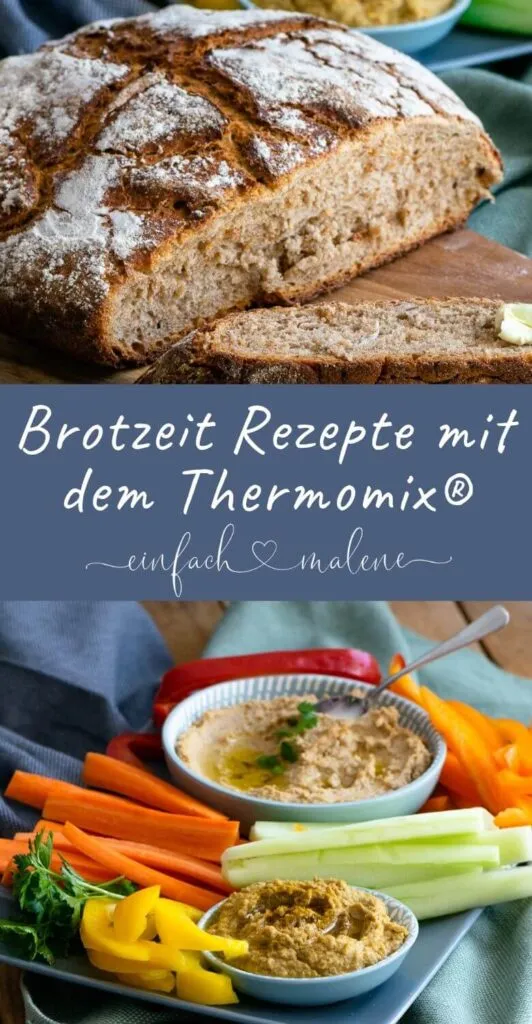 Reichhaltige deutsche Brotzeitplatte mit selbstgemachtem Bauernbrot, Dips und Gemüse