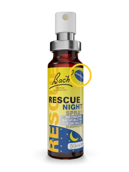 Rescue Night Spray mit deutlich sichtbarem &quot;Alkoholfrei&quot;-Button auf der Verpackung
