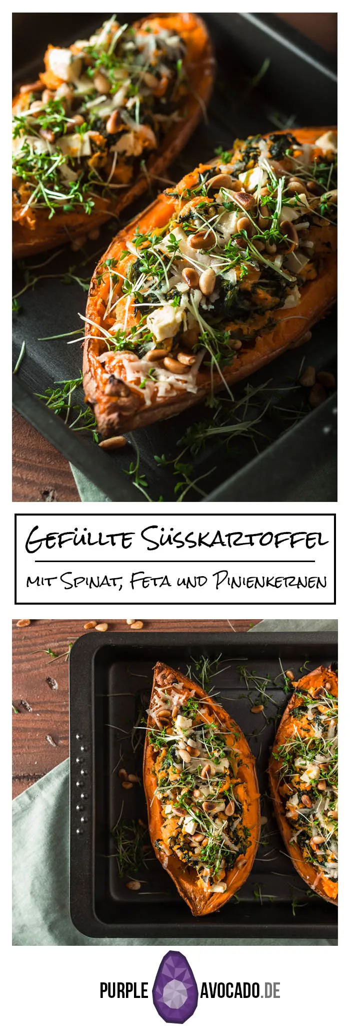 Rezept für gefüllte Süßkartoffel mit Spinat, Fetakäse, Parmesan und Pinienkernen. Rezept und Foodstyling von Purple Avocado / Sabrina Dietz