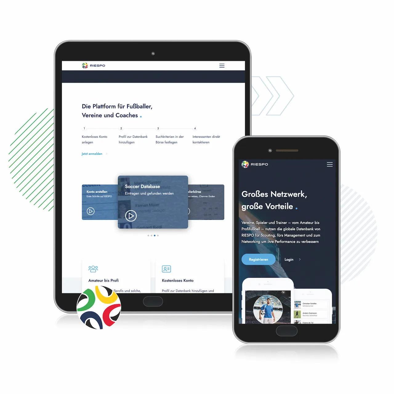 RIESPO Benutzeroberfläche auf verschiedenen Bildschirmen für effizientes Fußballtransfer-Management