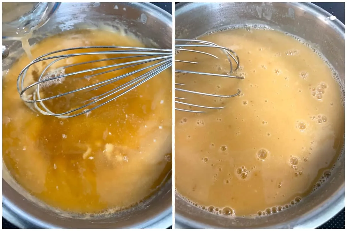 Rinderbrühe wird zu einer Mehlschwitze hinzugefügt und aufgekocht