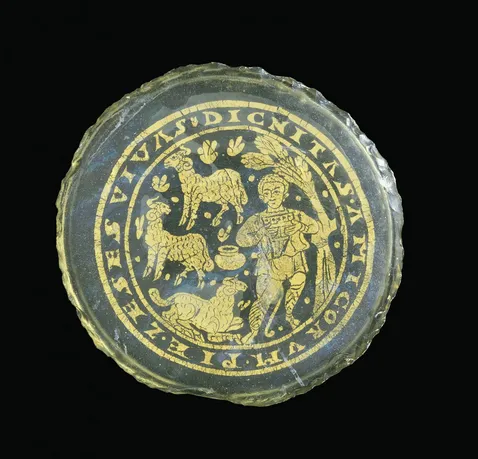 Römisches Goldglas-Rondell (4. Jh. n. Chr.) aus dem Corning Museum of Glass, zeigt einen Hirten mit seiner Herde, ein Beispiel für antike Trinksprüche.