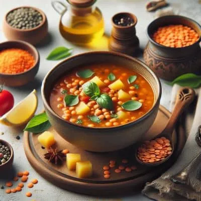 Roter Linseneintopf mit Kartoffeln, eine nahrhafte basische Mahlzeit