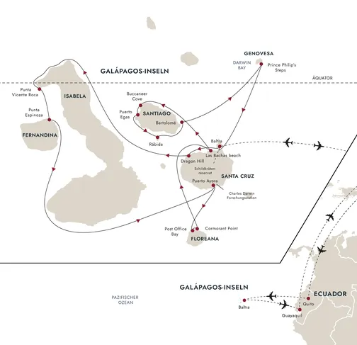 Routenkarte HX Hurtigruten Galapagos Expeditions-Seereise an Bord der MS Santa Cruz II