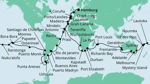 Routenverlauf der AIDA Weltreise 2022
