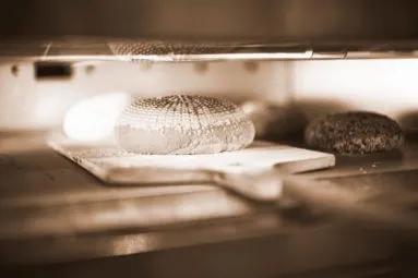Runde Brote werden im Ofen von Theo's Bonner Bäckerei gebacken.
