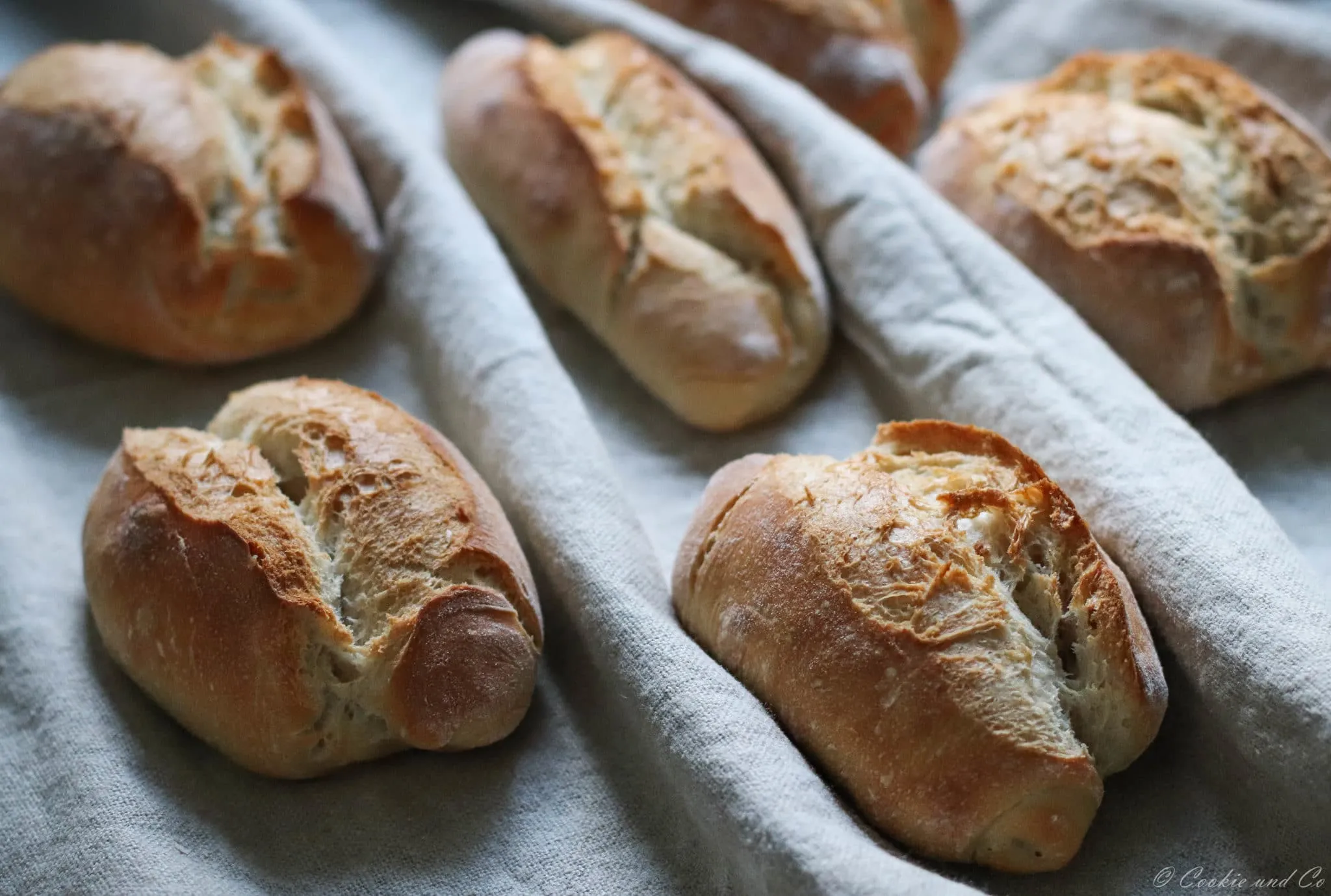 Rustikale Brötchen-Teiglinge im Bäckerleinen während der Stückgare