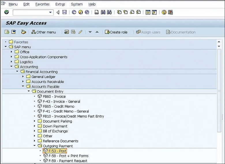 SAP Easy Access Menü: Pfad zur Transaktion F-53 für Ausgangszahlungen
