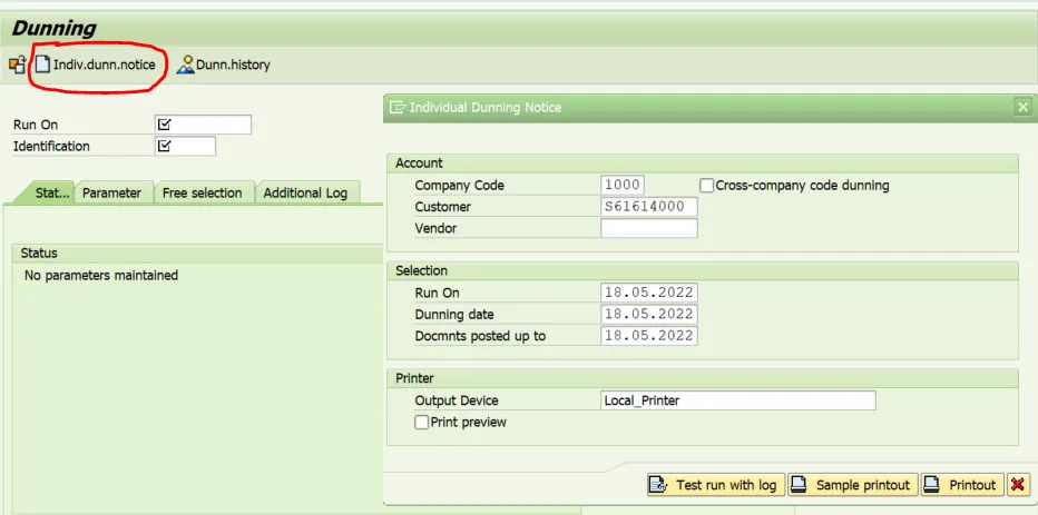 SAP F150 Mahnprogramm: Startbildschirm für die Durchführung eines individuellen Mahnlaufs