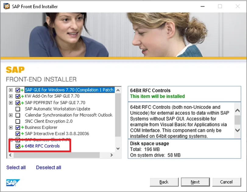 SAP GUI Installation showing the component for getting the 64bit RFC controls