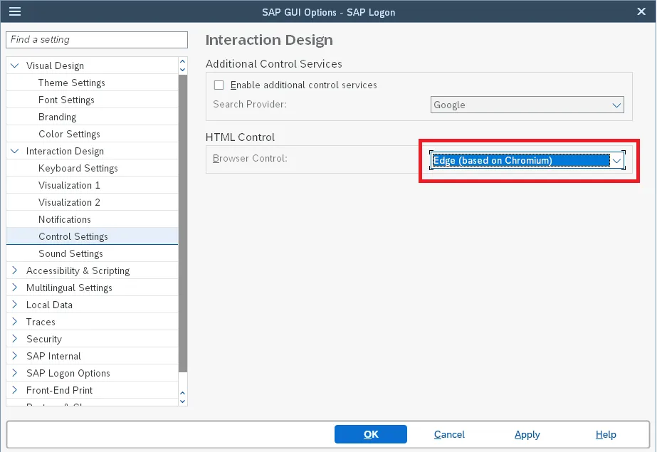 SAP GUI Options Dialog Setting for WebView2