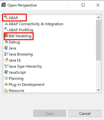 SAP HANA Studio ABAP und BW Perspektiven verfügbar