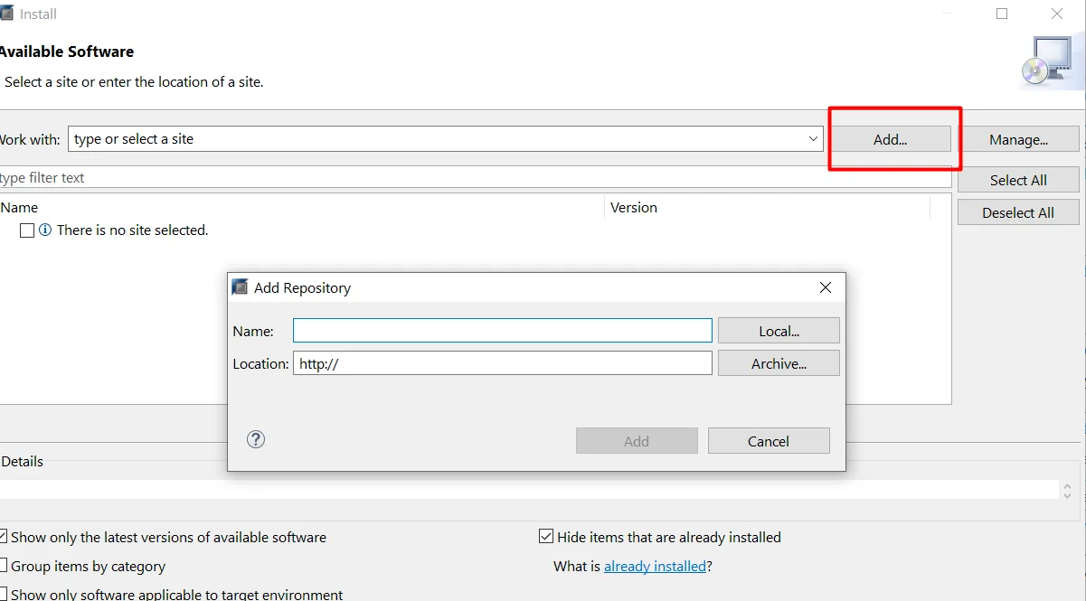 SAP HANA Studio BW-MT Installation Add Button
