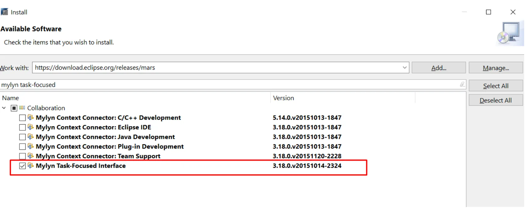 SAP HANA Studio Mylyn Task-Focused Interface Auswahl