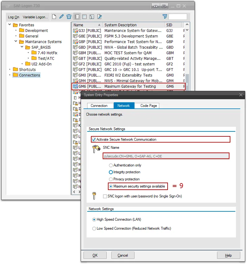 SAP Logon Netzwerkeinstellungen für SNC in SM59 RFC
