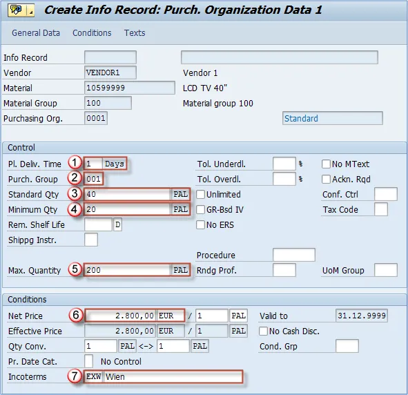 SAP ME11 Bildschirm für Einkaufsorganisationsdaten im Einkaufsinfosatz