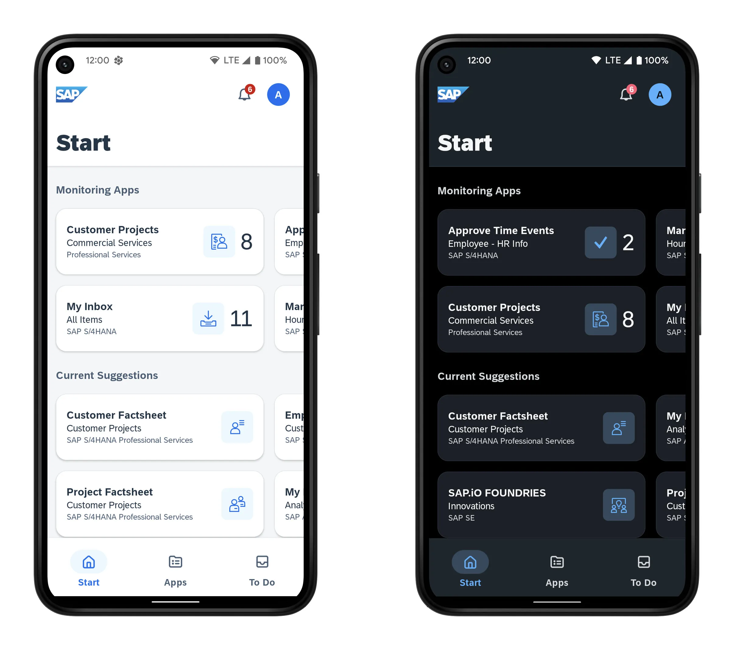 SAP Mobile Start für Android mit Morning Horizon (auf der linken Seite) und Evening Horizon (auf der rechten Seite).