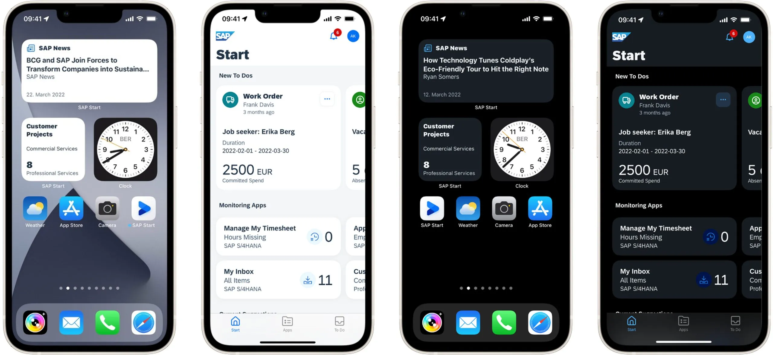 SAP Mobile Start für iOS mit Morning Horizon (die beiden Beispiele auf der linken Seite) und Evening Horizon (die beiden Beispiele auf der rechten Seite).