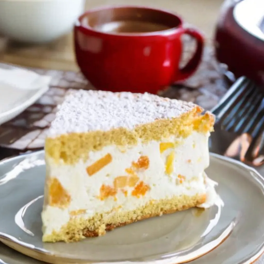 Saure Sahne Torte angeschnitten, luftig und cremig