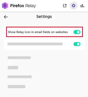 Schalter zum Ein- und Ausblenden des Firefox Relay-Icons in E-Mail-Feldern auf Webseiten
