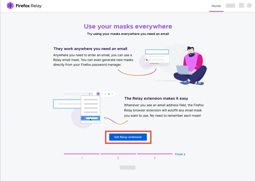 Schaltfläche &quot;Relay-Erweiterung herunterladen&quot; zur Installation der Firefox Relay Browser-Erweiterung