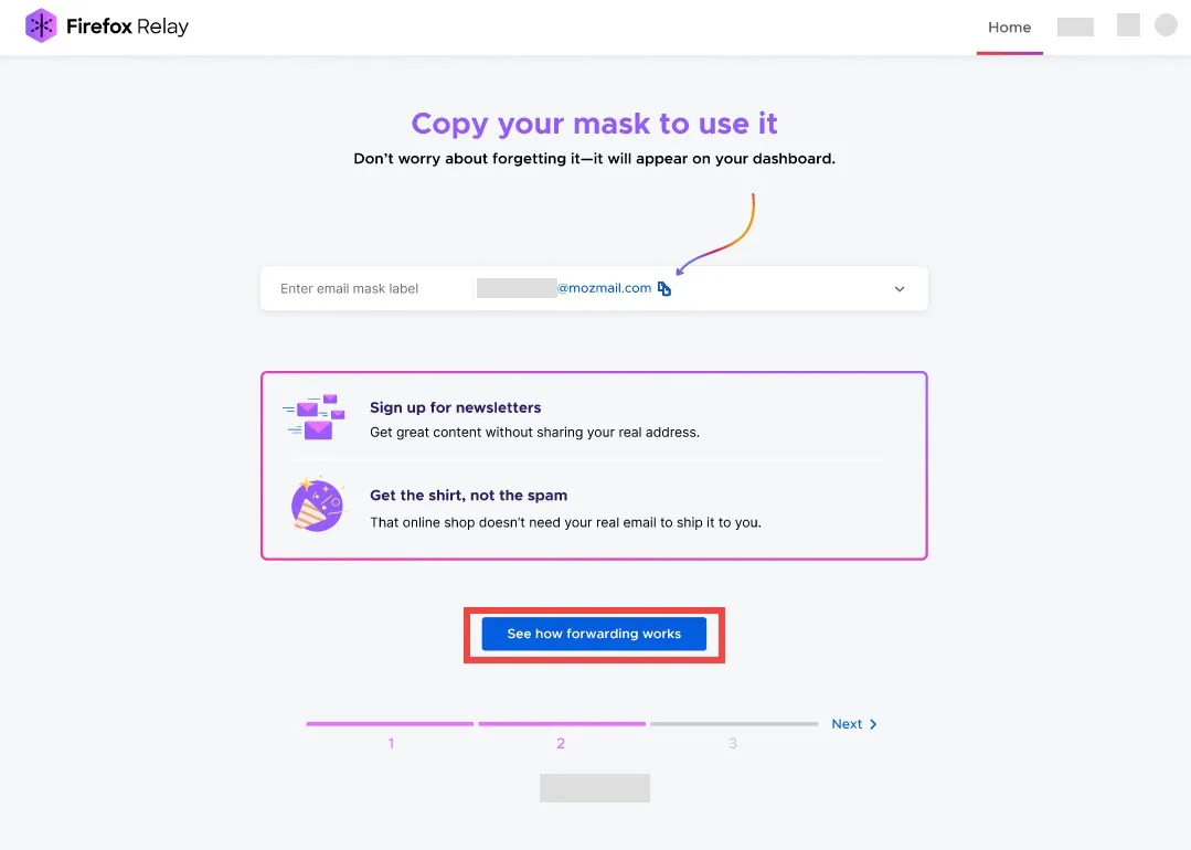 Schaltfläche &quot;Weiterleitung testen&quot; in Firefox Relay