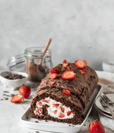 Schoko-Biskuitrolle mit frischen Erdbeeren und Sahnefüllung