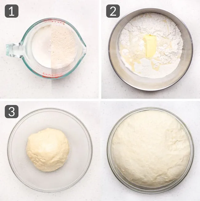 Schritte zur Herstellung von Donut-Hefeteig: Milch, Hefe und Zucker vermischen, Teig kneten und aufgehen lassen