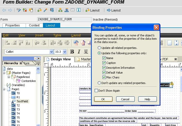 Screenshot: Auswahl der globalen Variable für das Binding und Aktualisierung der Eigenschaften
