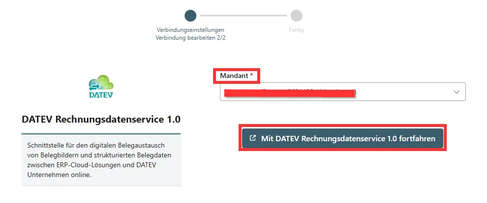 Screenshot: Auswahl des DATEV Mandanten zur Verbindung mit GetMyInvoices