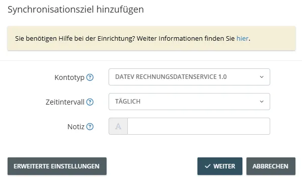 Screenshot: Auswahl des Kontotyps DATEV Rechnungsdatenservice 1.0 und Exporteinstellungen
