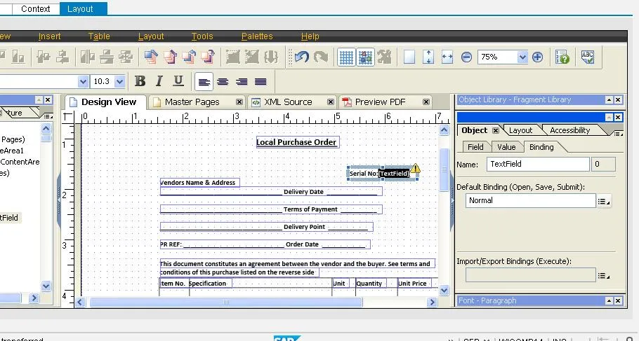 Screenshot: Binding-Tab in der Objektpalette mit Default Binding-Feld