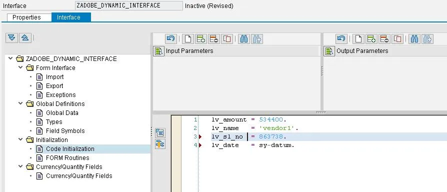 Screenshot: Deklaration globaler Daten für dynamische Variablen im Adobe Formular
