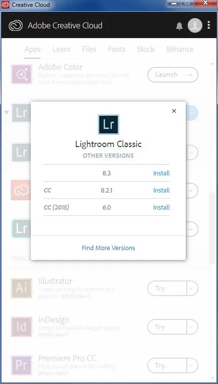 Screenshot der Adobe Creative Cloud App auf Windows 7, die Lightroom Classic CC Versionen bis 8.4 anzeigt, jedoch keine 7.x Versionen.