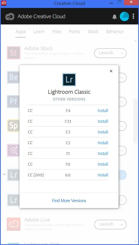 Screenshot der Adobe Creative Cloud App auf Windows 8.1, der verfügbare Lightroom Classic CC Versionen bis 7.5 anzeigt.