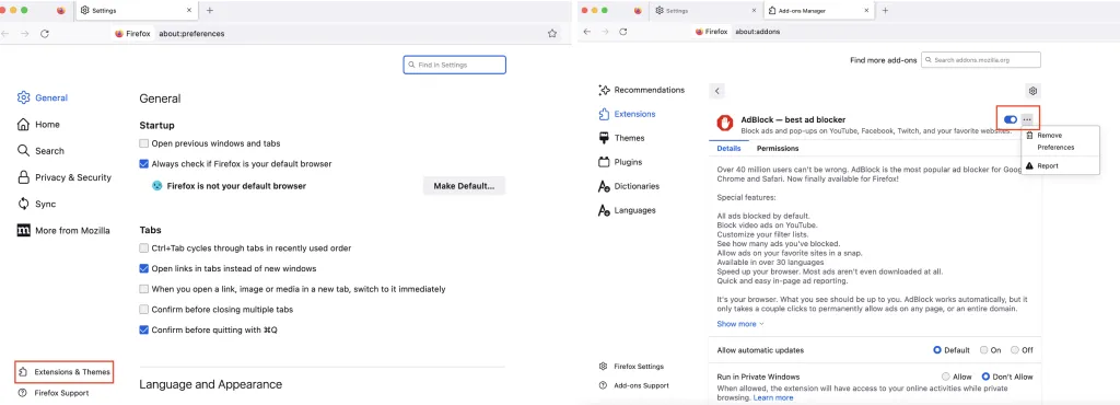 Screenshot, der das Deaktivieren von Avira Browser Safety als Werbeblocker in Firefox zeigt, mit dem Schieberegler in den Einstellungen für &quot;Erweiterungen &amp; Themes&quot;.
