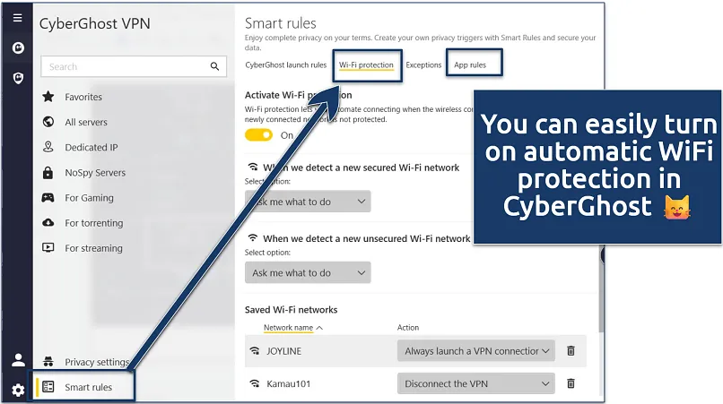 Screenshot, der die automatische WLAN-Schutzfunktion zeigt