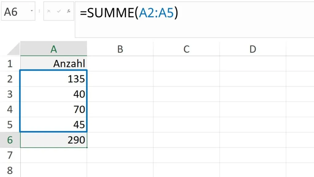 Screenshot der Excel SUMME-Funktion, die den Bereich A2 bis A5 summiert, ideal für Excel Grundlagen Formeln.