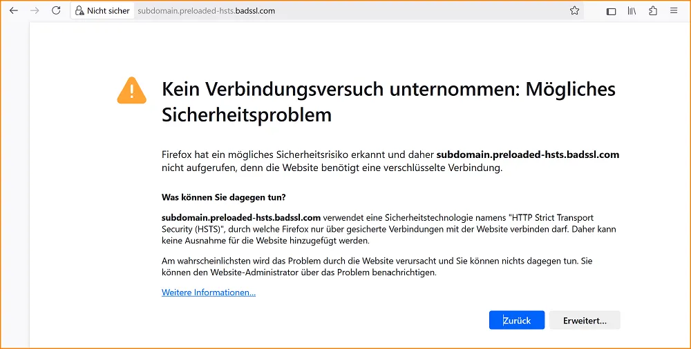 Screenshot der Firefox-Fehlermeldung 'Kein Verbindungsversuch unternommen: Mögliches Sicherheitsproblem' mit 'Erweitert...'-Option