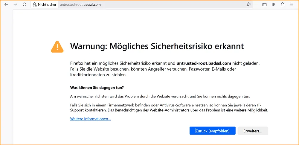 Screenshot der Firefox-Warnung 'Mögliches Sicherheitsrisiko erkannt' mit Erklärungen und Option zum Risiko akzeptieren